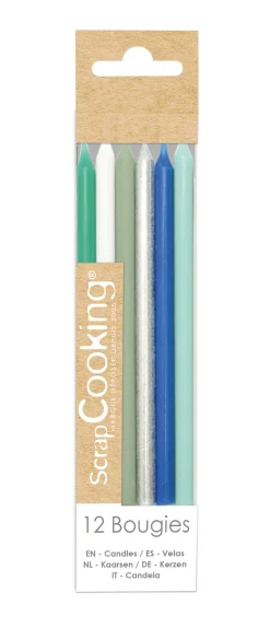 12 bougies longues bleu et argent