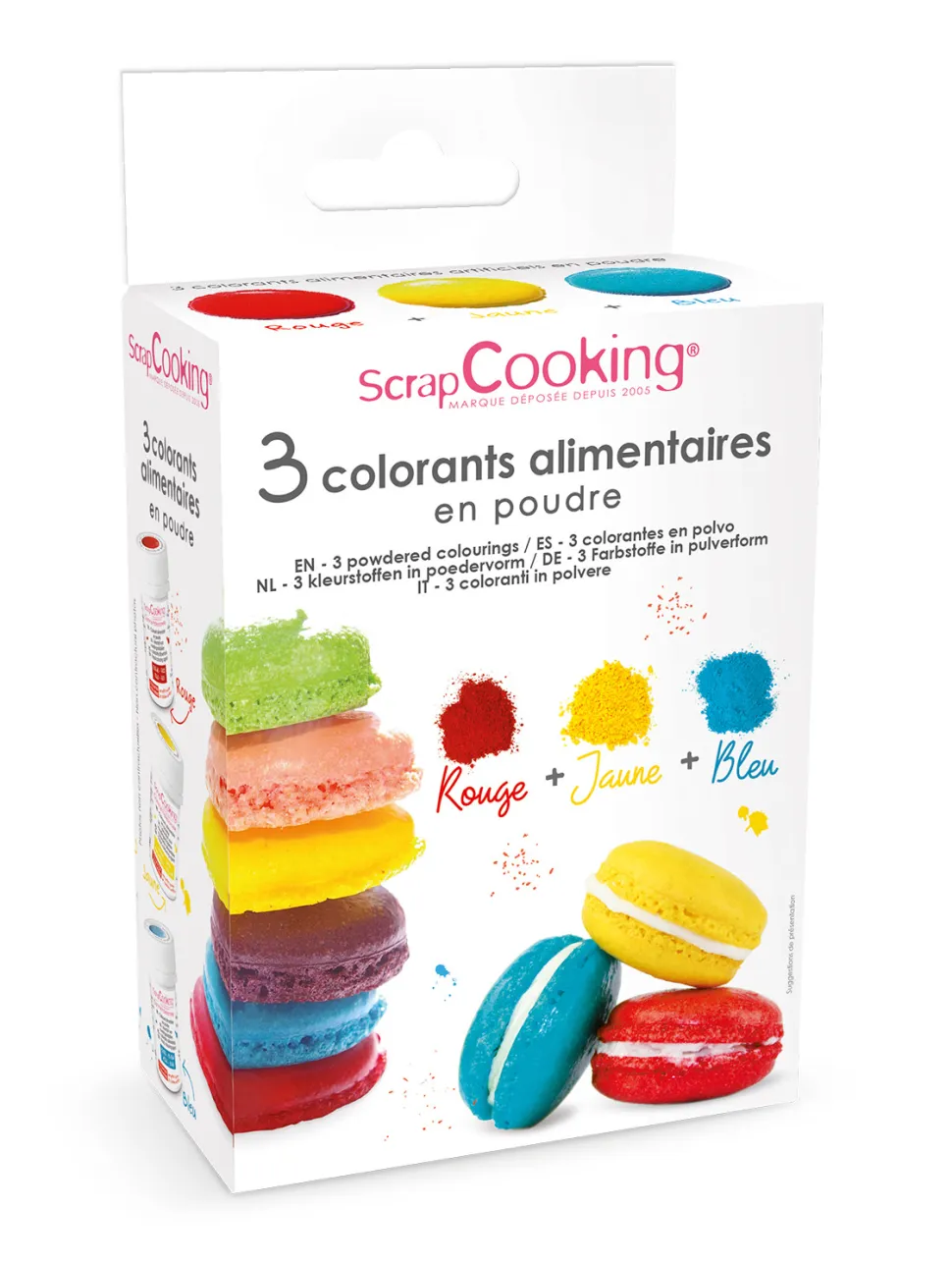 3 colorants en poudre jaune, rouge, bleu