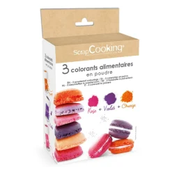 3 colorants en poudre orange, violet, rose