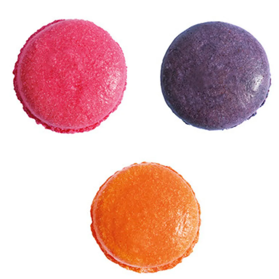 3 colorants en poudre orange, violet, rose