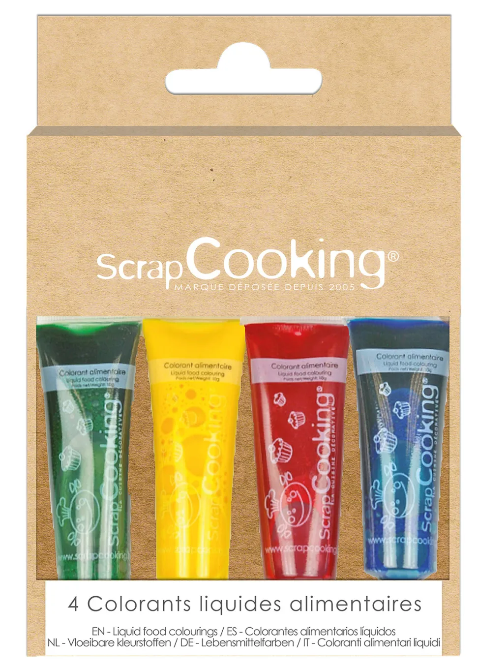 4 colorants liquides bleu, rouge, jaune et vert
