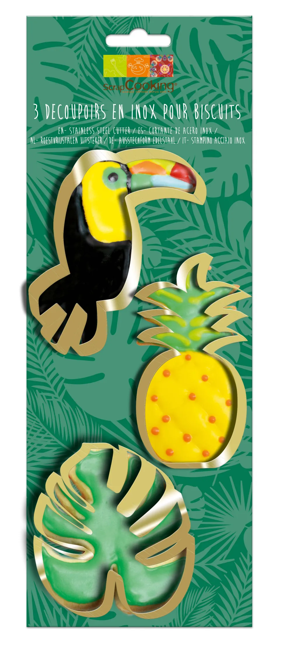 3 emporte-pièces dorés toucan/ananas/feuille