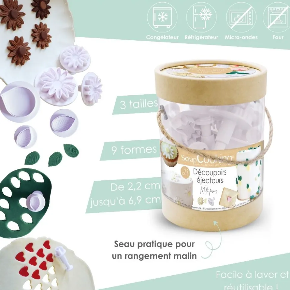 Emporte-pièces éjecteurs en seau pour pâte à sucre x27