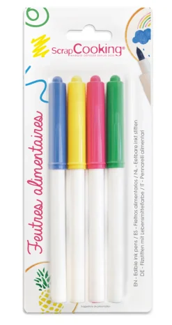 4 feutres alimentaires jaune, vert, rose, bleu